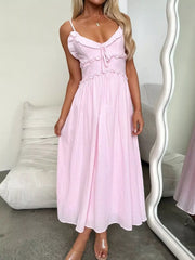 Ruffled Trimmed Spaghetti Strap Midi Dress