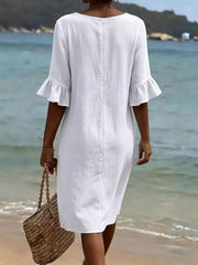 Full Size Button Decor Flounce Sleeve Dress Plus Size