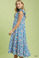 Umgee Leaf Print Midi Tiered Dress with Side Pockets