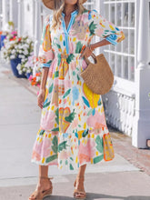 Multicolour Floral Doodle Print Striped Trim V Neck Midi Dress
