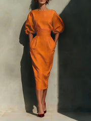 Round Neck Puff Sleeves Midi Dress