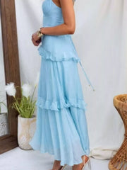 Ruffled Lace Up Back Maxi Dress