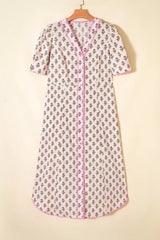 Floral Print V Neck Scallop Trim Button Front Short Sleeve Dress