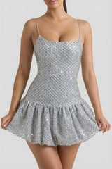 Embellished Bubble Hem Mini Dress in Silver