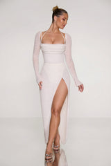 Embellished Cowl Neck Maxi Dress in Pearl