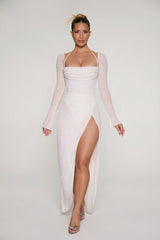 Embellished Cowl Neck Maxi Dress in Pearl
