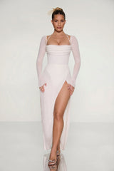 Embellished Cowl Neck Maxi Dress in Pearl