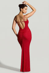 Embellished Plunge Neck Evening Gown in Red