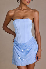 Satin Embellished Skirt Mini Dress in Sky Blue