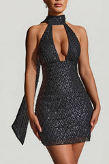 Embellished Scarf-Detail Halterneck Mini Dress in Black