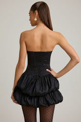 Satin Bubble Hem Corset Mini Dress in Black