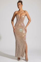 Embellished Strapless Plunge Gown in Almond