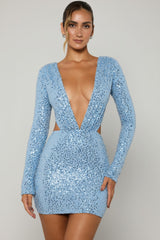 Embellished Cut-Out Mini Dress in Light Blue