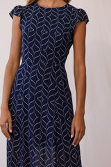 Becky Cap Sleeve Crew Neck Midi Dress Dot Print Navy