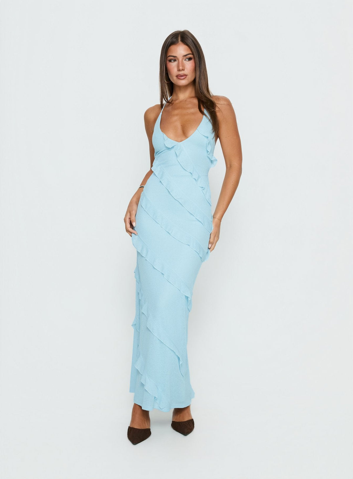 Adesta Frill Halter Maxi Dress Blue
