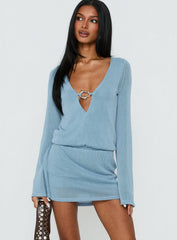 Charming Long Sleeve Mini Dress Dusty Blue