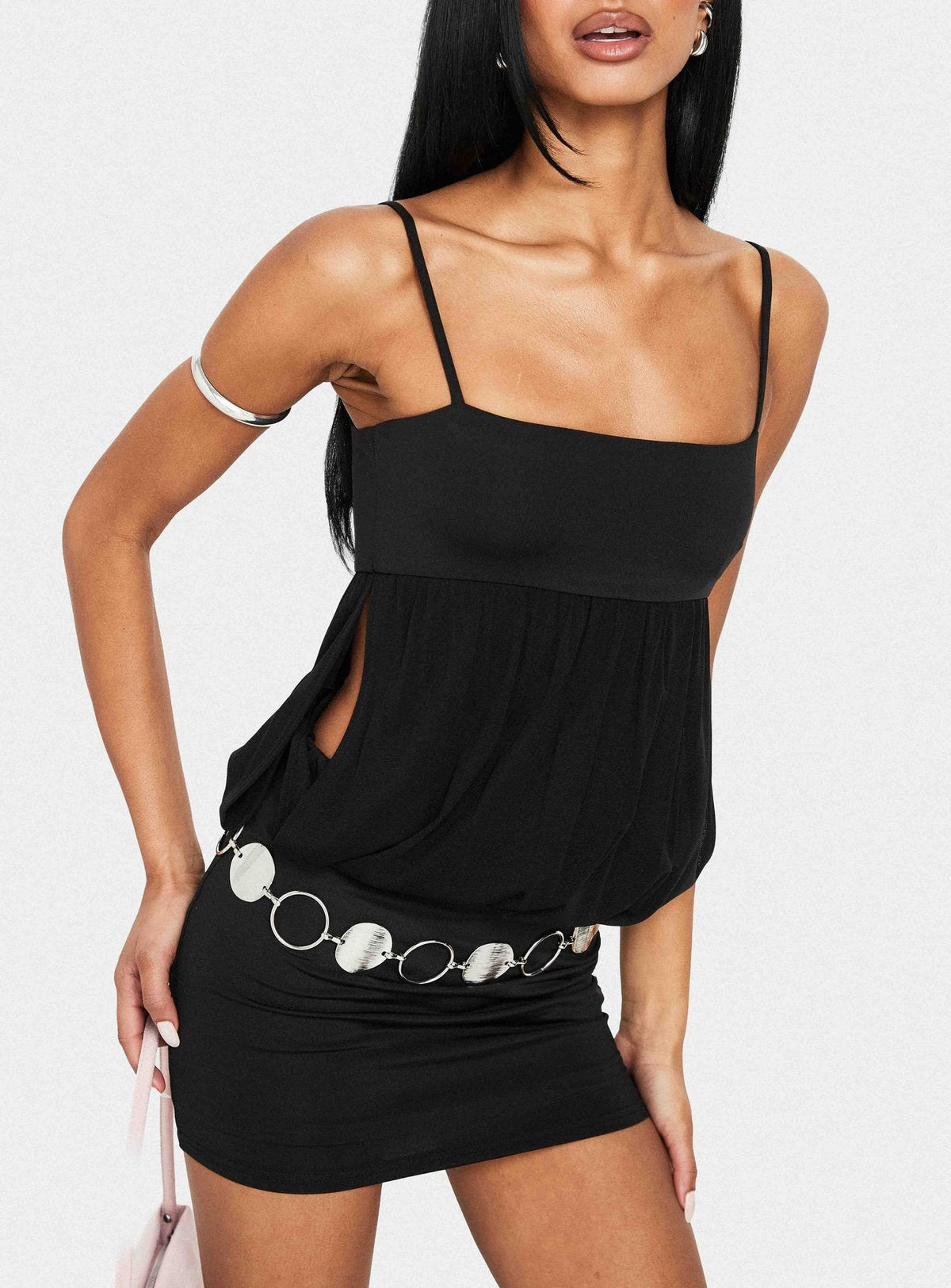 Franciska Sheer Blouson Mini Dress Black