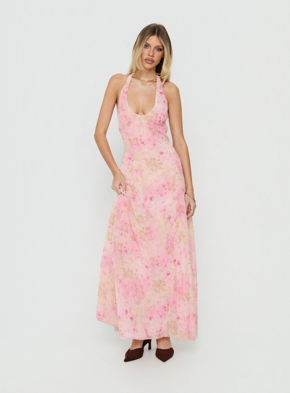 Dandelions Halter Maxi Dress Pink Floral