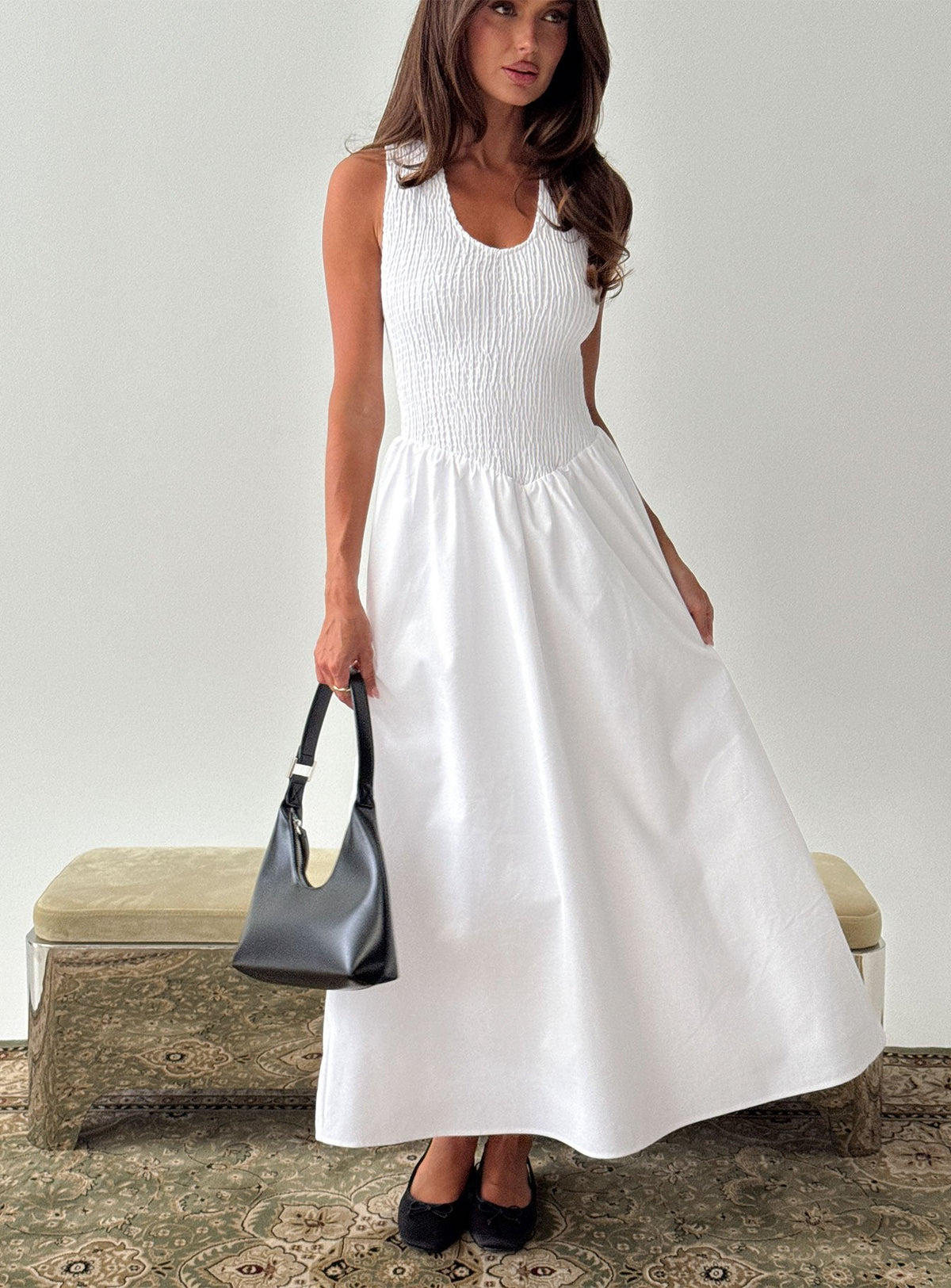 Highgate Drop Waist Pleat Detail Maxi Dress White