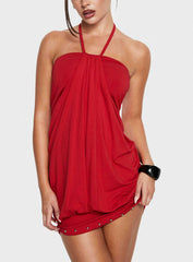 Jordonna Gathered Halter Mini Dress Red