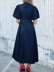 Belted Button-Down Midi Denim Dress