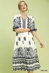 Umgee Border Print Midi Dress with Puff Sleeves