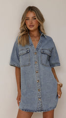 Maliha Button Up Mini Dress - Light Denim