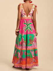 Tropical Print Tie-Shoulder Maxi Dress