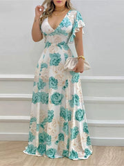 Floral Print V-Neck Ruffle Sleeve Maxi Dress