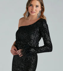 Devin Sequin One-Shoulder Marabou Mini Dress