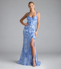 Jaide Lace-Up Corset Slit Sequin Formal Dress