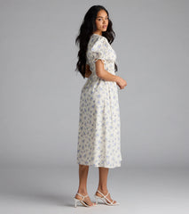 Summer Smiles Floral Puff Sleeve A-Line Midi Dress