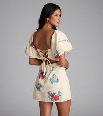 Sent A Postcard Lace-Up Print Mini Dress