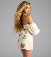 Sent A Postcard Lace-Up Print Mini Dress