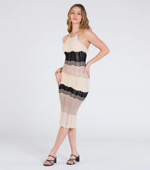 Retro Vision Halter Striped Crochet Midi Dress