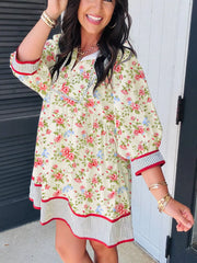 Striped Edge 3/4 Puff Sleeve Floral Dress