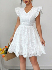 Eyelet Ruffle Sleeve Mini Dress