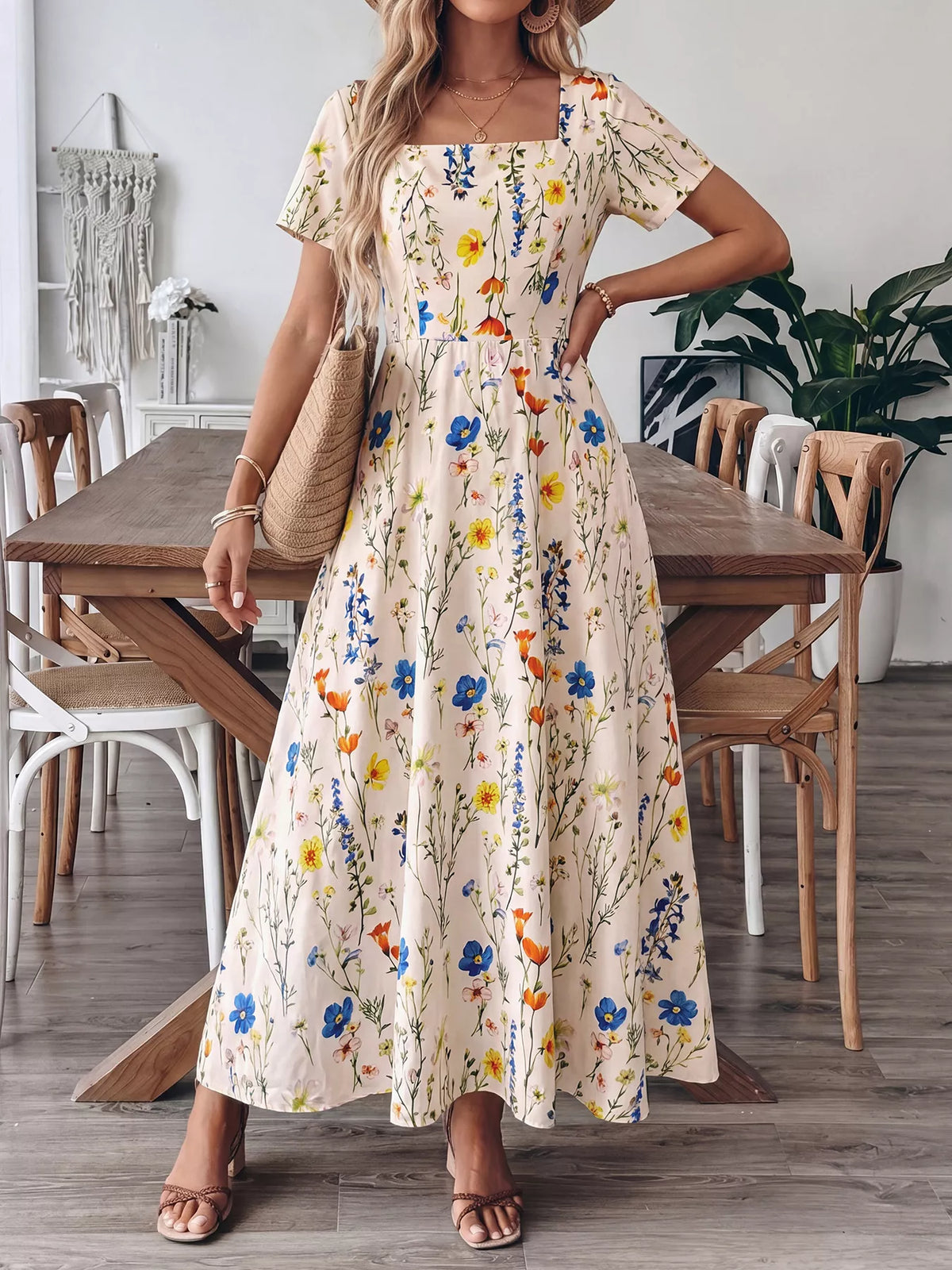 Floral Print Square Neck Casual Maxi Dress