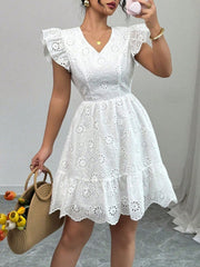 Eyelet Ruffle Sleeve Mini Dress