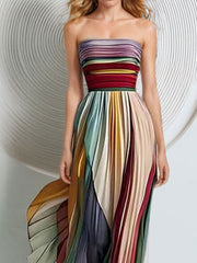 Striped Pleated Strapless Maxi Dress