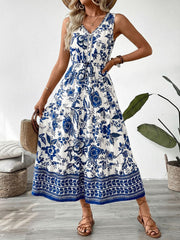 Floral Print Sleeveless V-neck Midi Dress