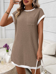 Contrast Trim Ribbed Knit Mini Dress with Pocket