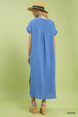 Umgee Button-Front Gauze Midi Dress with Lace Detail