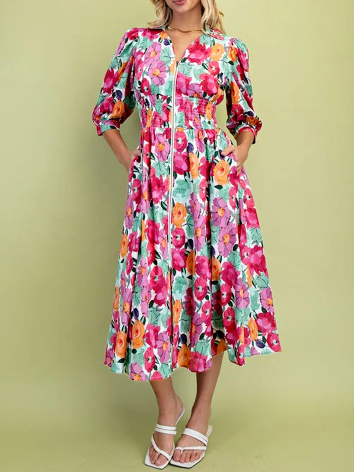 Vibrant Floral Print V Neck Zip Up Puffy Half Sleeve Dress