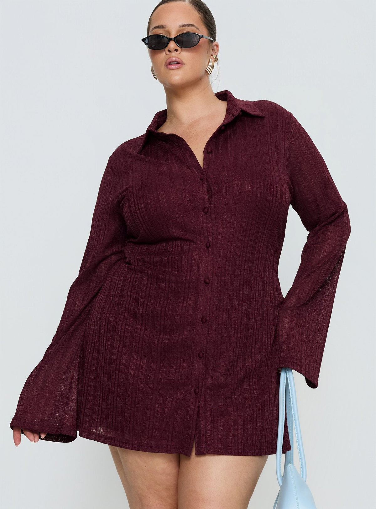 When You Sleep Long Sleeve Mini Dress Wine Curve