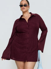 When You Sleep Long Sleeve Mini Dress Wine Curve