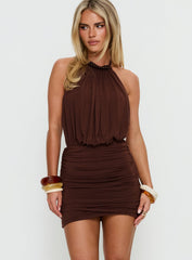 Adriene Beaded Halter Mini Dress Brown