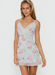 Sandia Lace Trim Mini Dress Blue Floral
