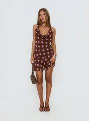 Karolie Halter Plunge Mini Dress Brown / Lilac Polka Dot