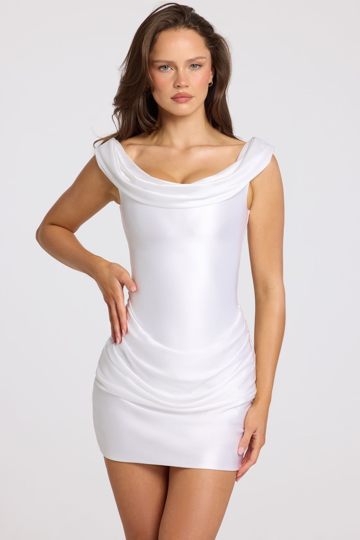 Satin Off-Shoulder Draped Mini Dress in White